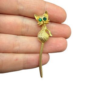 Vintage Gold Tone Cat Brooch Pin With Green Rhinestone Eyes Long Tail Moves
